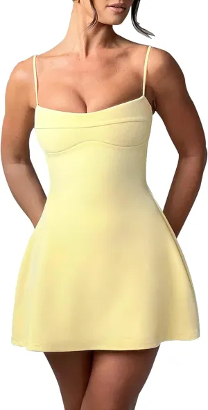 SHESEEWORLD Women's Sexy Spaghetti Strap A-Line Y2k Sleeveless Zipper Back Double-Layer Flowy Short Dress