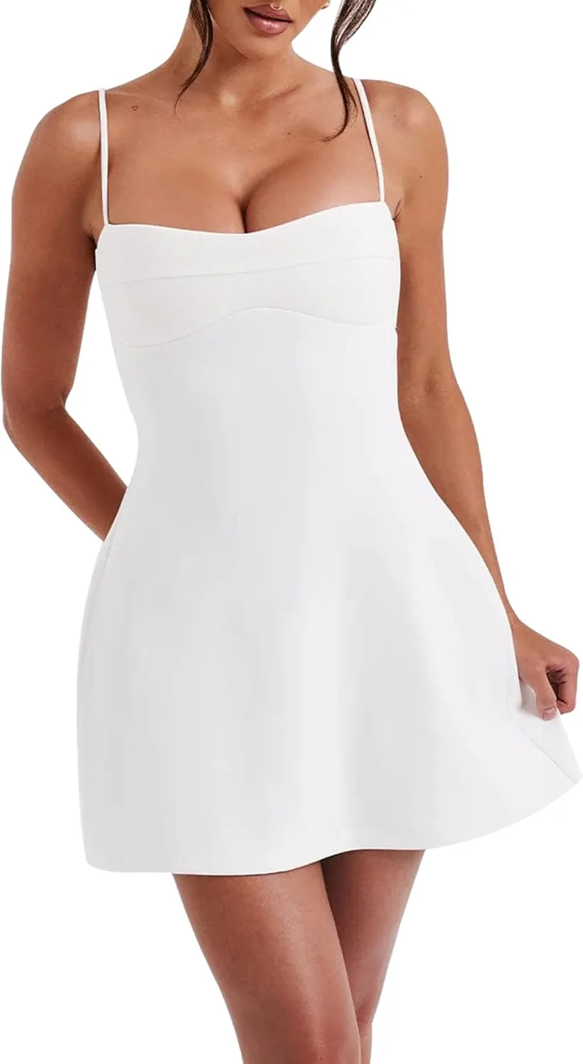 SHESEEWORLD Women's Sexy Spaghetti Strap A-Line Y2k Sleeveless Zipper Back Double-Layer Flowy Short Dress