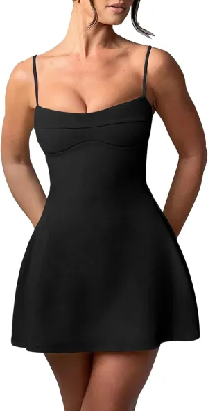 SHESEEWORLD Women's Sexy Spaghetti Strap A-Line Y2k Sleeveless Zipper Back Double-Layer Flowy Short Dress