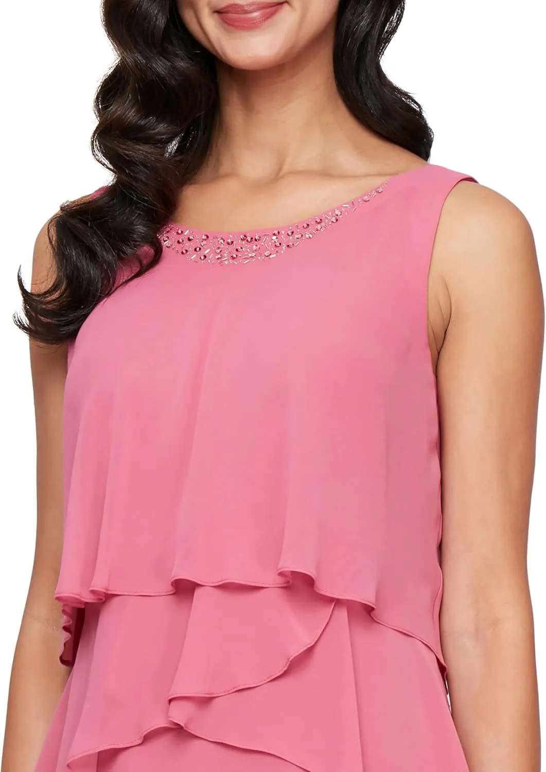S.L. Fashions Women's Chiffon Tier Jacket Dress with Beaded Neck and Cuffs