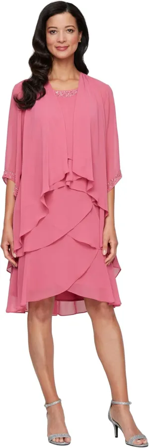 S.L. Fashions Women's Chiffon Tier Jacket Dress with Beaded Neck and Cuffs