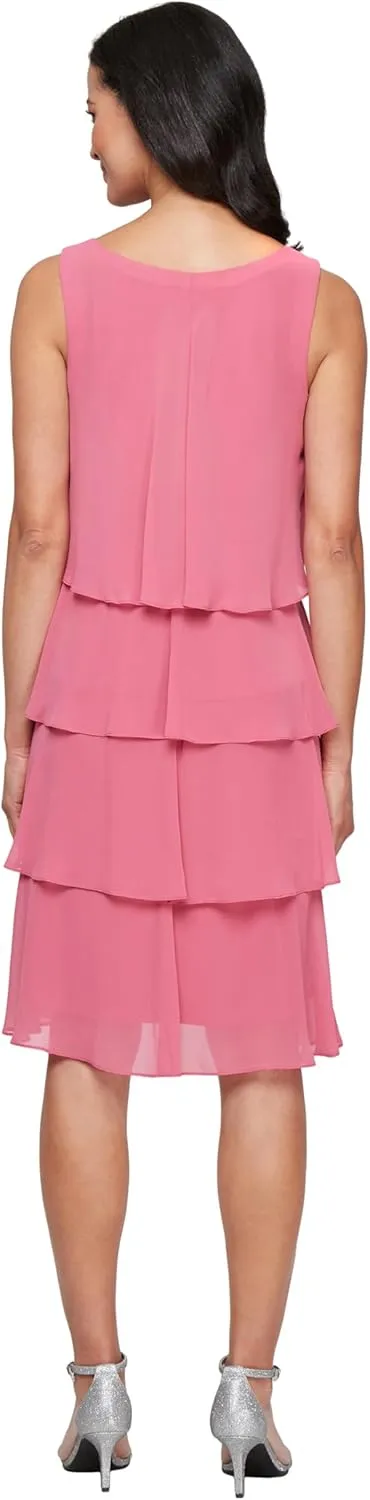 S.L. Fashions Women's Chiffon Tier Jacket Dress with Beaded Neck and Cuffs