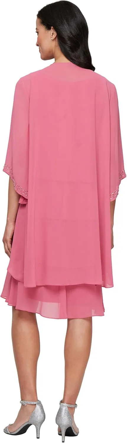 S.L. Fashions Women's Chiffon Tier Jacket Dress with Beaded Neck and Cuffs