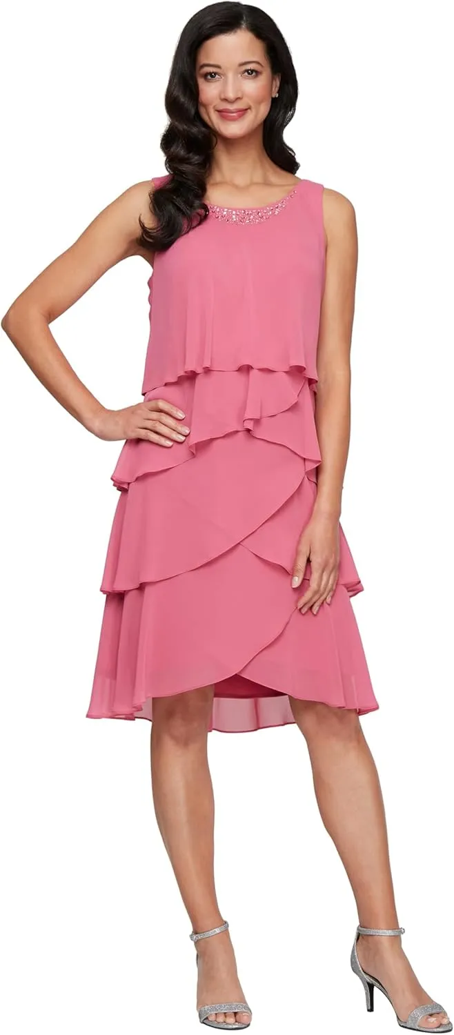 S.L. Fashions Women's Chiffon Tier Jacket Dress with Beaded Neck and Cuffs
