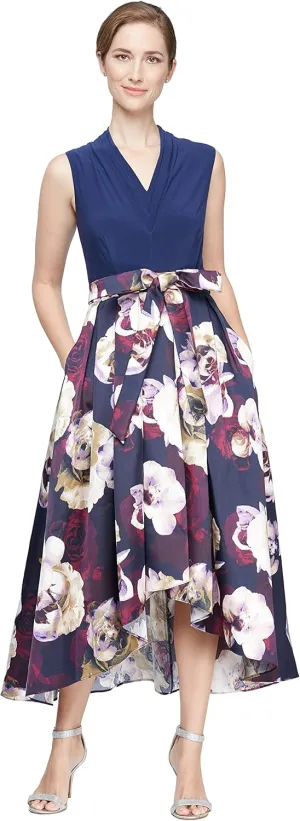 S.L. Fashions Women's Floral High-Low Gown with Pockets and Stretch Bodice, Wedding Guest Dress (Petite and Regular Sizes)