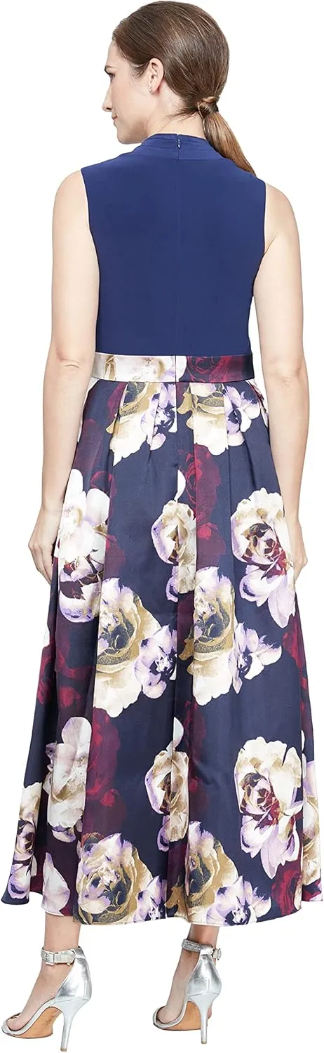 S.L. Fashions Women's Floral High-Low Gown with Pockets and Stretch Bodice, Wedding Guest Dress (Petite and Regular Sizes)