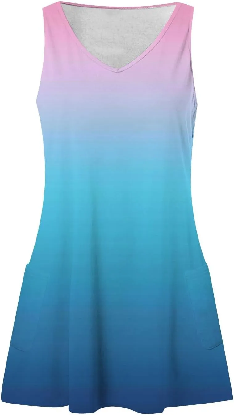 Sleeveless Dress for Women Summer Plus Size Sundress with Pockets Tie Dye V Neck Cute Mini Sun Dress for Beach Vacation