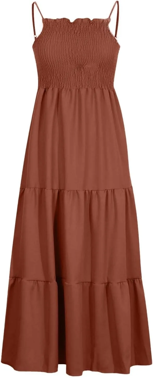 Sleeveless Spaghetti Strap Beach Dresses for Women Hawaiian Midi Dress Boho High Waist Smocked Flowy Long Maxi Dress
