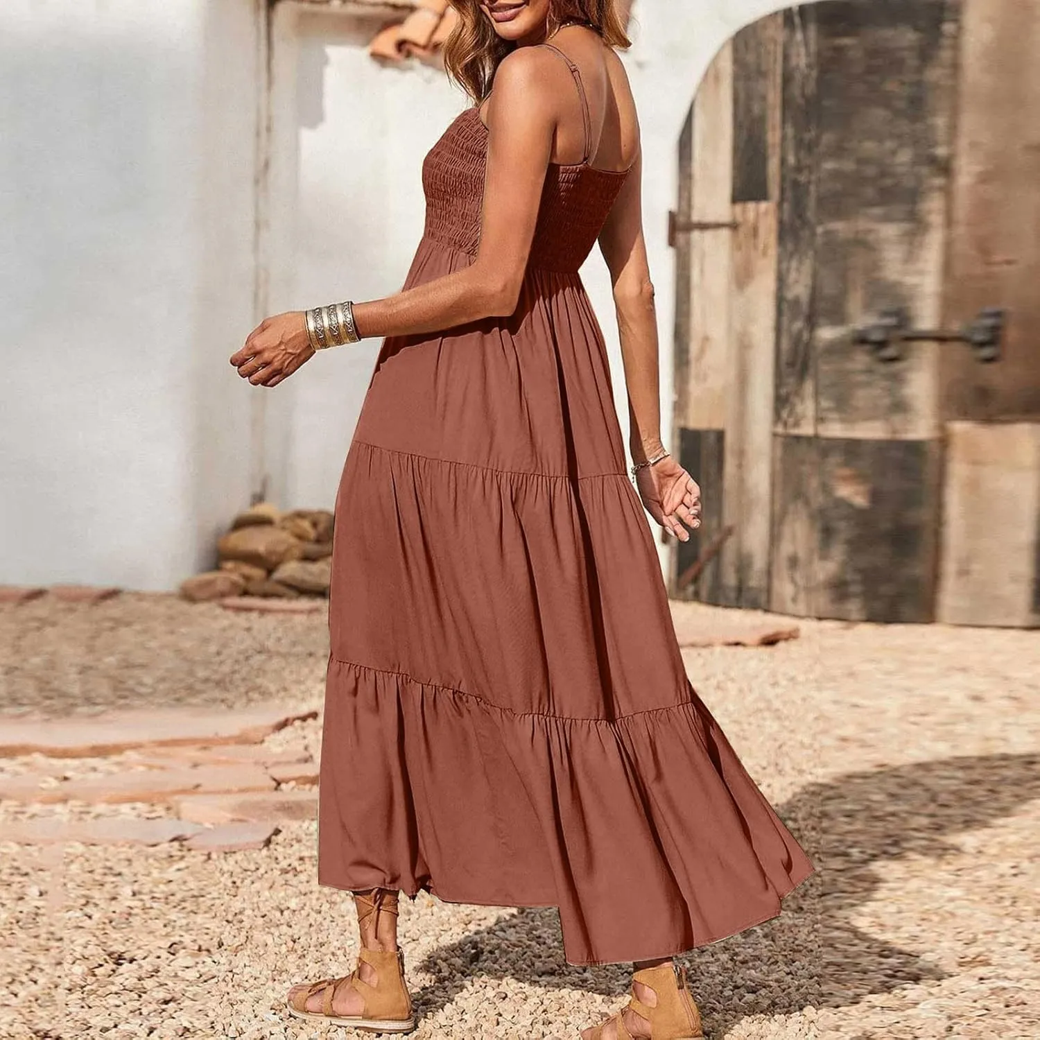 Sleeveless Spaghetti Strap Beach Dresses for Women Hawaiian Midi Dress Boho High Waist Smocked Flowy Long Maxi Dress