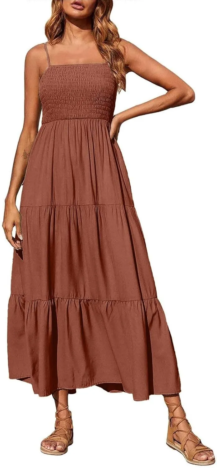 Sleeveless Spaghetti Strap Beach Dresses for Women Hawaiian Midi Dress Boho High Waist Smocked Flowy Long Maxi Dress
