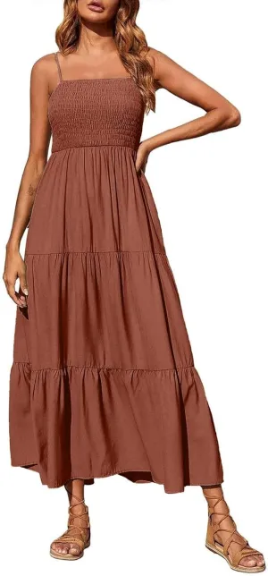 Sleeveless Spaghetti Strap Beach Dresses for Women Hawaiian Midi Dress Boho High Waist Smocked Flowy Long Maxi Dress