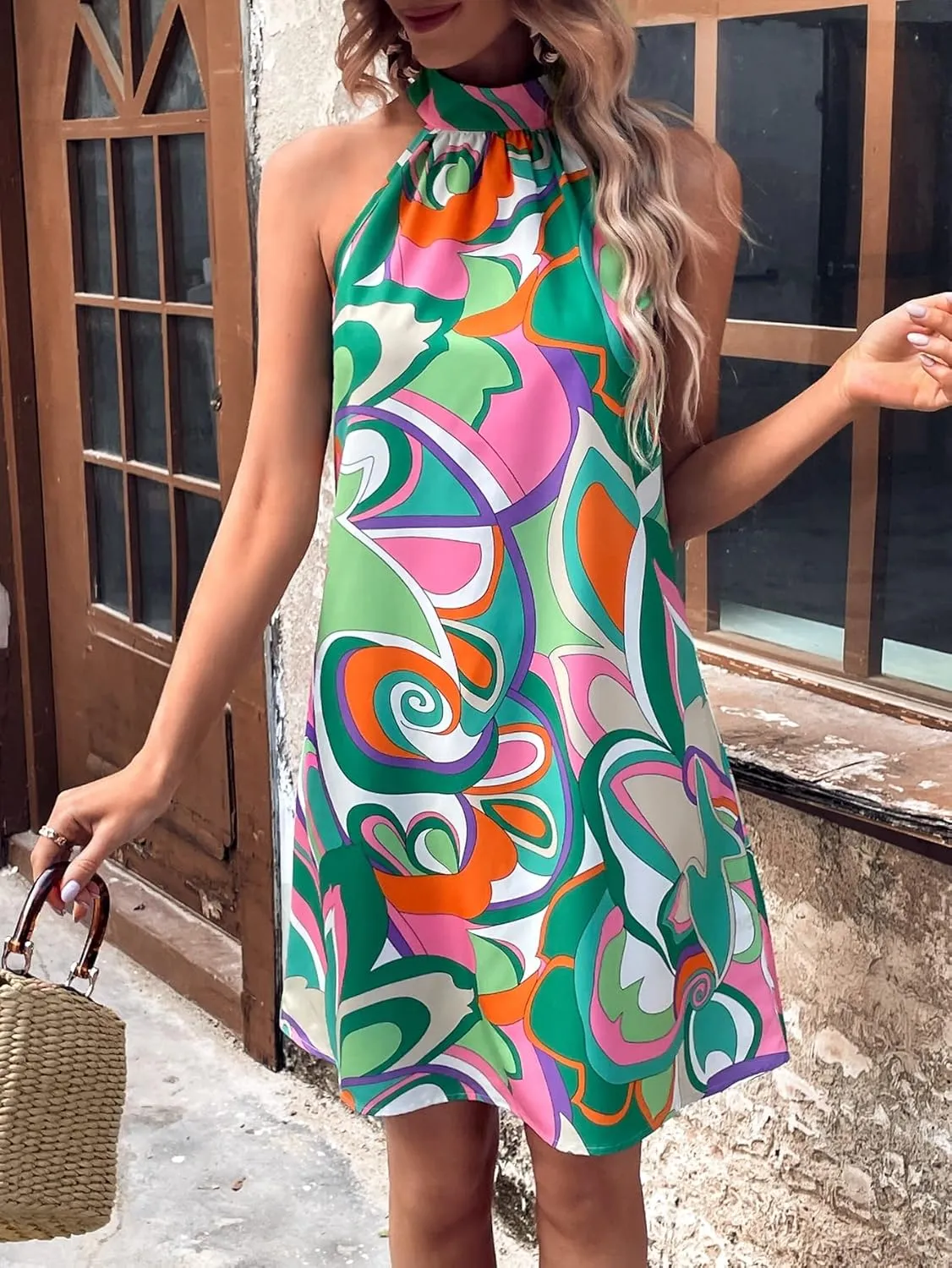 SOLY HUX Women's Allover Print Halter Sleeveless Tunic Short Dress Summer Dresses
