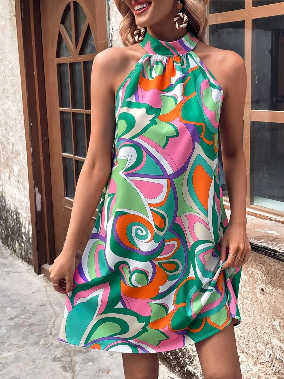 SOLY HUX Women's Allover Print Halter Sleeveless Tunic Short Dress Summer Dresses