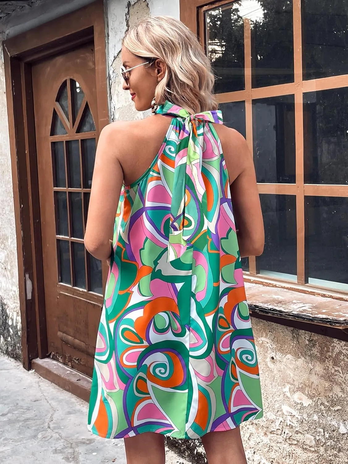 SOLY HUX Women's Allover Print Halter Sleeveless Tunic Short Dress Summer Dresses