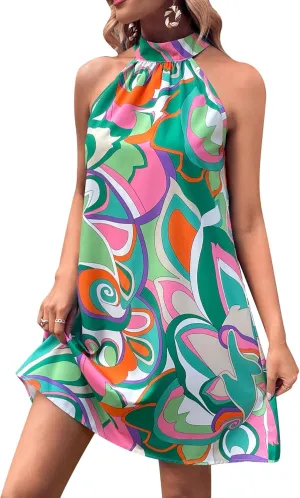SOLY HUX Women's Allover Print Halter Sleeveless Tunic Short Dress Summer Dresses