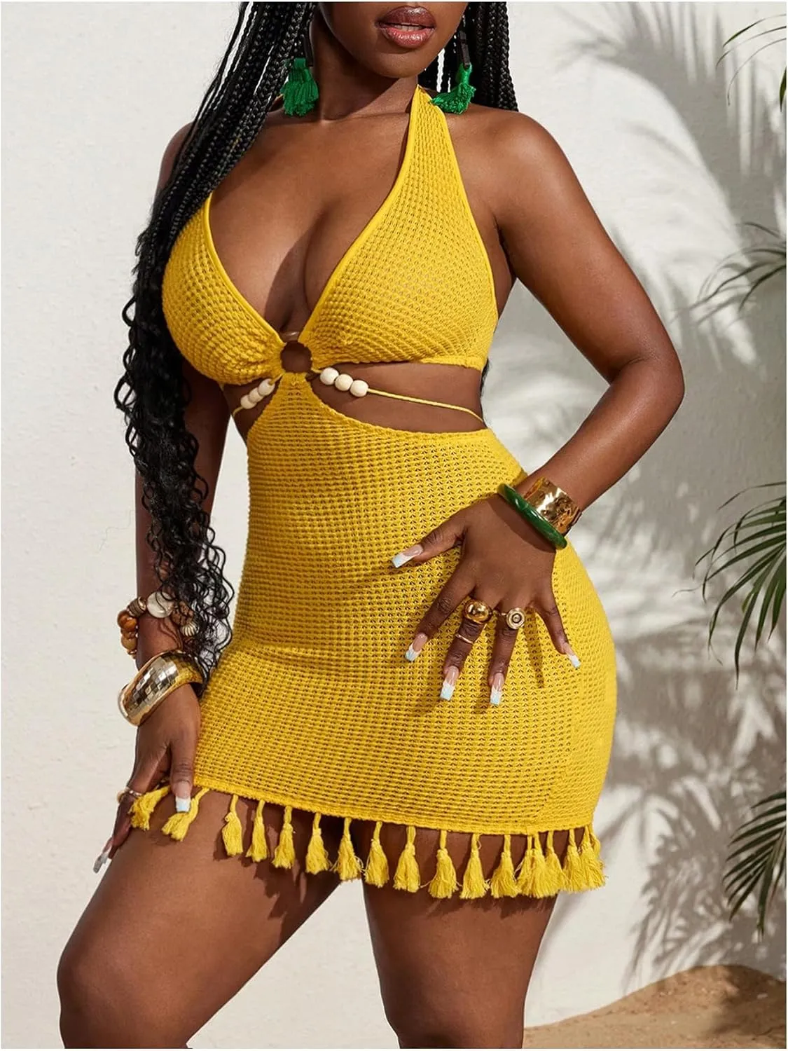 SOLY HUX Women's Cut Out Tassel Trim Bodycon Dress Halter Tie Backless Mini Dresses