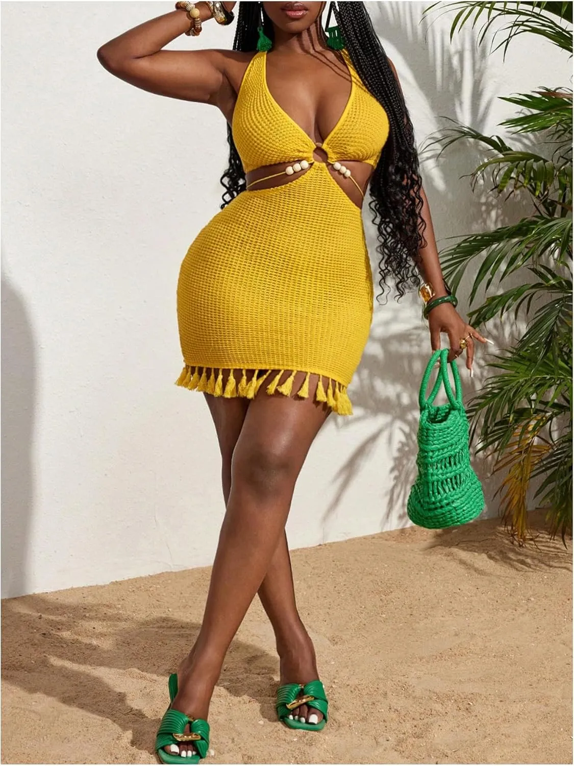 SOLY HUX Women's Cut Out Tassel Trim Bodycon Dress Halter Tie Backless Mini Dresses