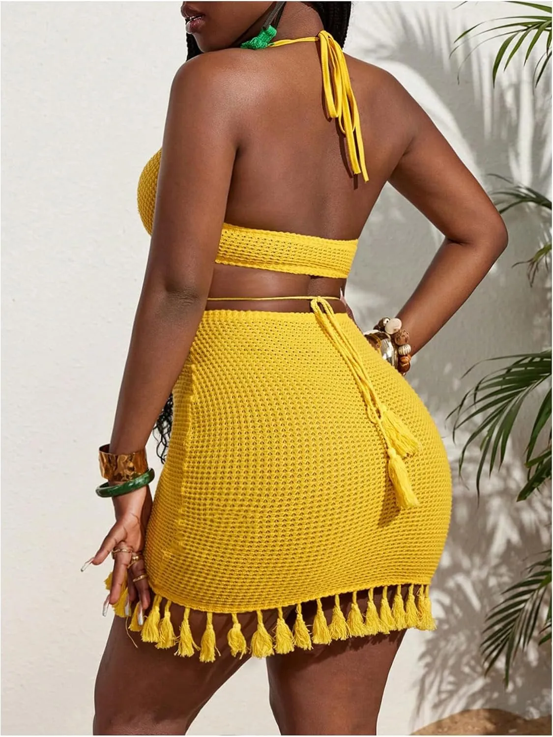 SOLY HUX Women's Cut Out Tassel Trim Bodycon Dress Halter Tie Backless Mini Dresses