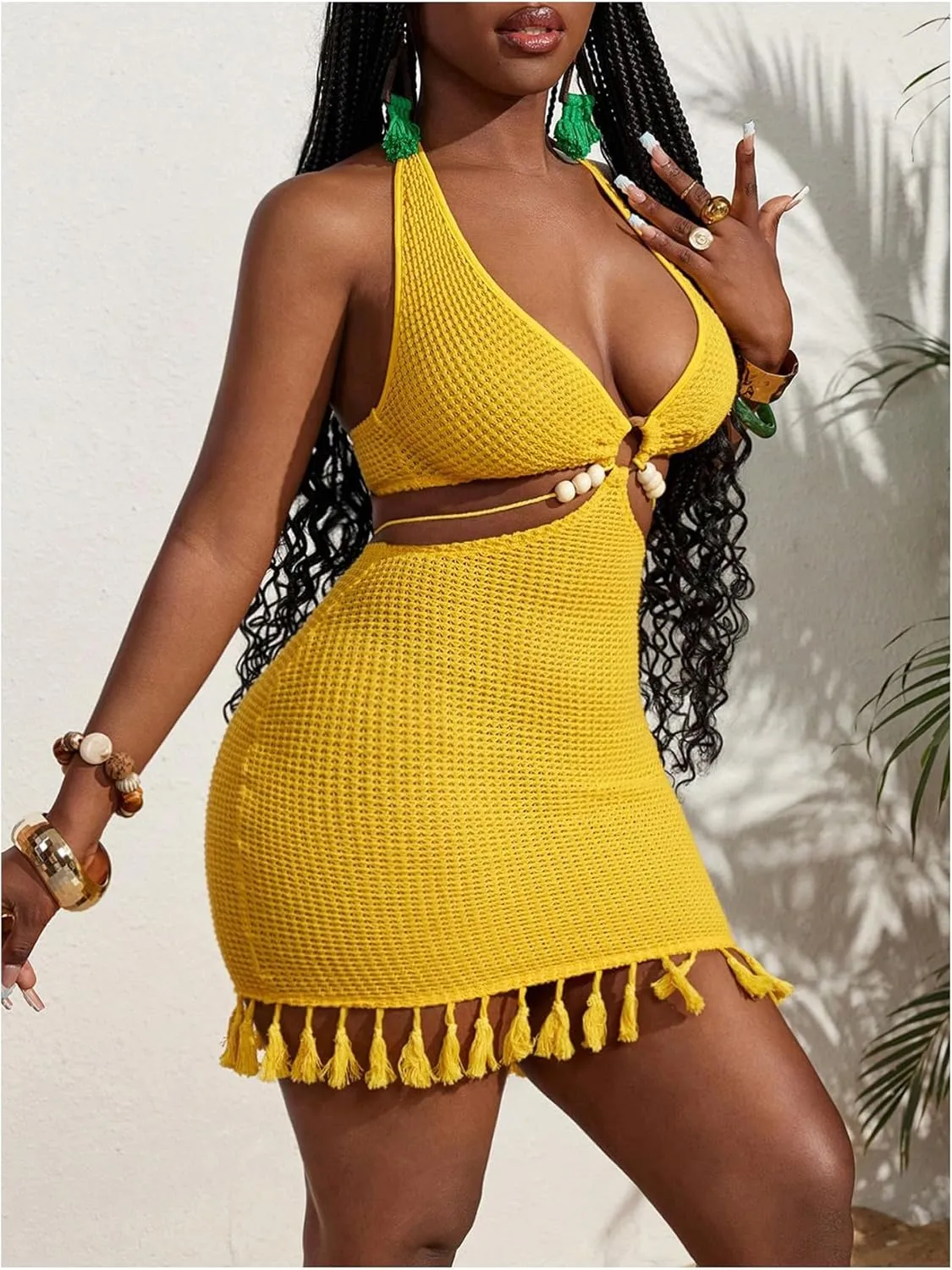 SOLY HUX Women's Cut Out Tassel Trim Bodycon Dress Halter Tie Backless Mini Dresses