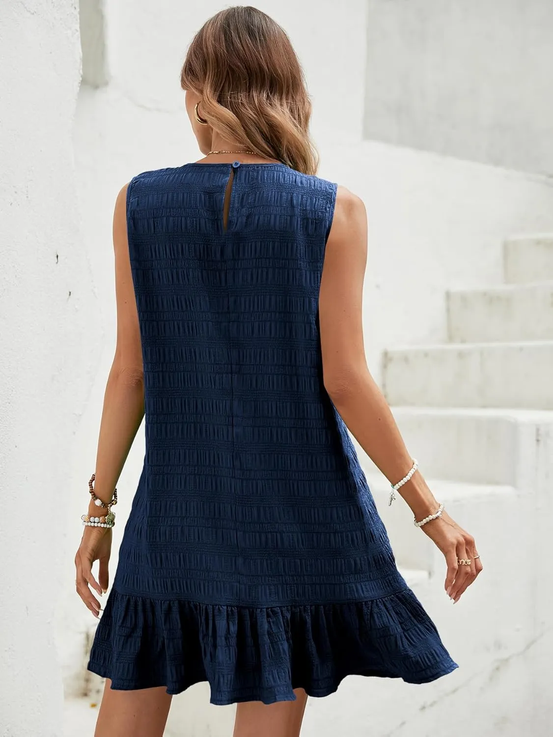 SOLY HUX Women's Ruffle Hem Sleeveless Tank Dress Round Neck Casual Smock Summer Mini Dresses