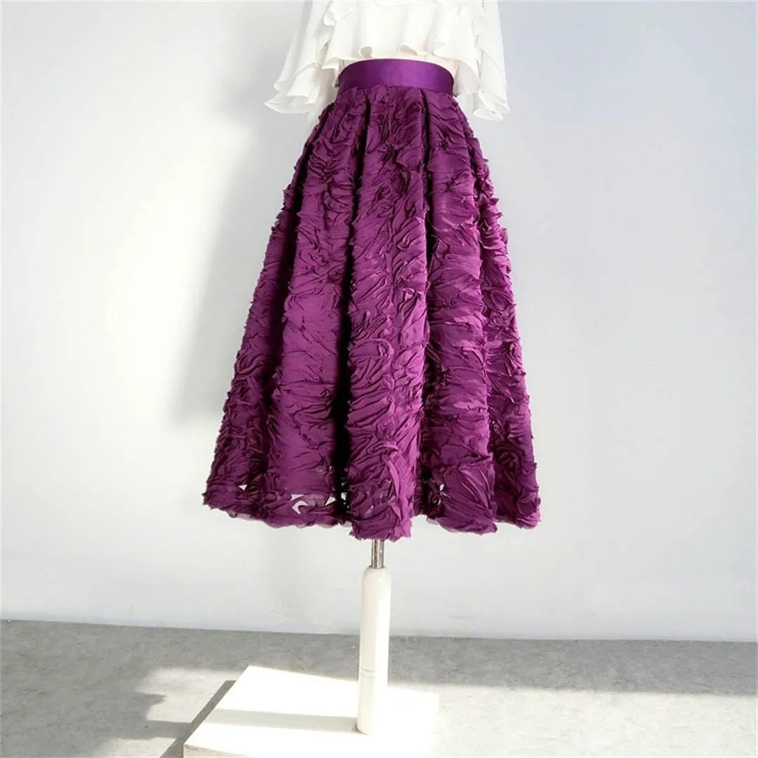 Spring Korean Simple Elegant Dark Reddish Purple Color Mesh Lace Embroidery High Waist Pleated Midi Skirt
