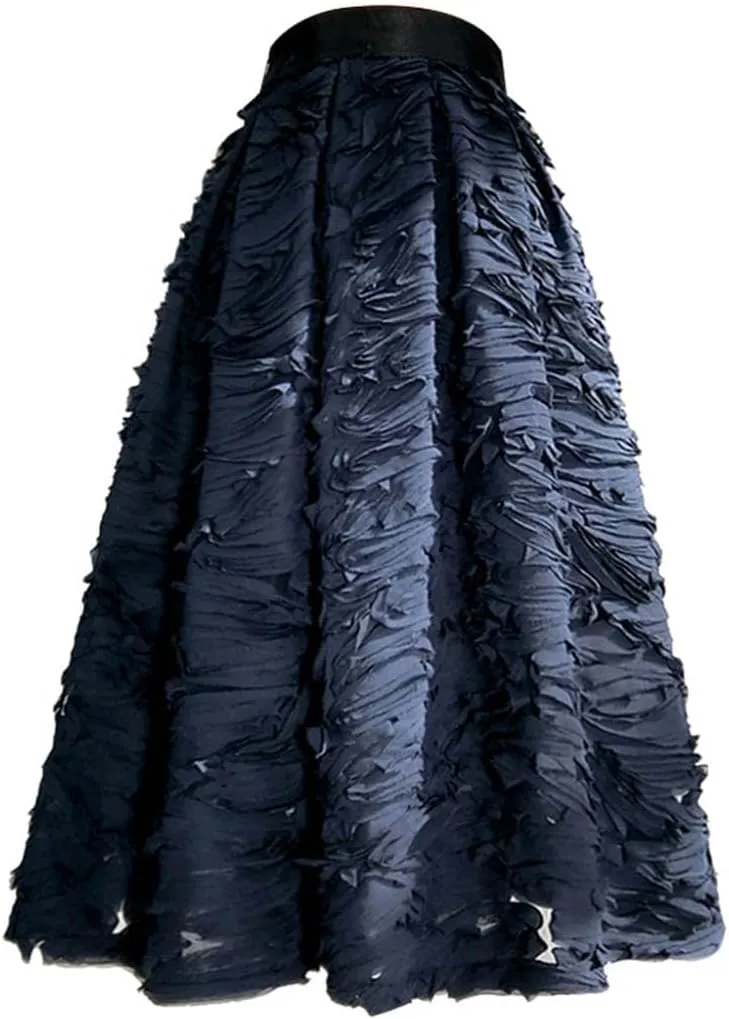 Spring Korean Simple Elegant Dark Reddish Purple Color Mesh Lace Embroidery High Waist Pleated Midi Skirt