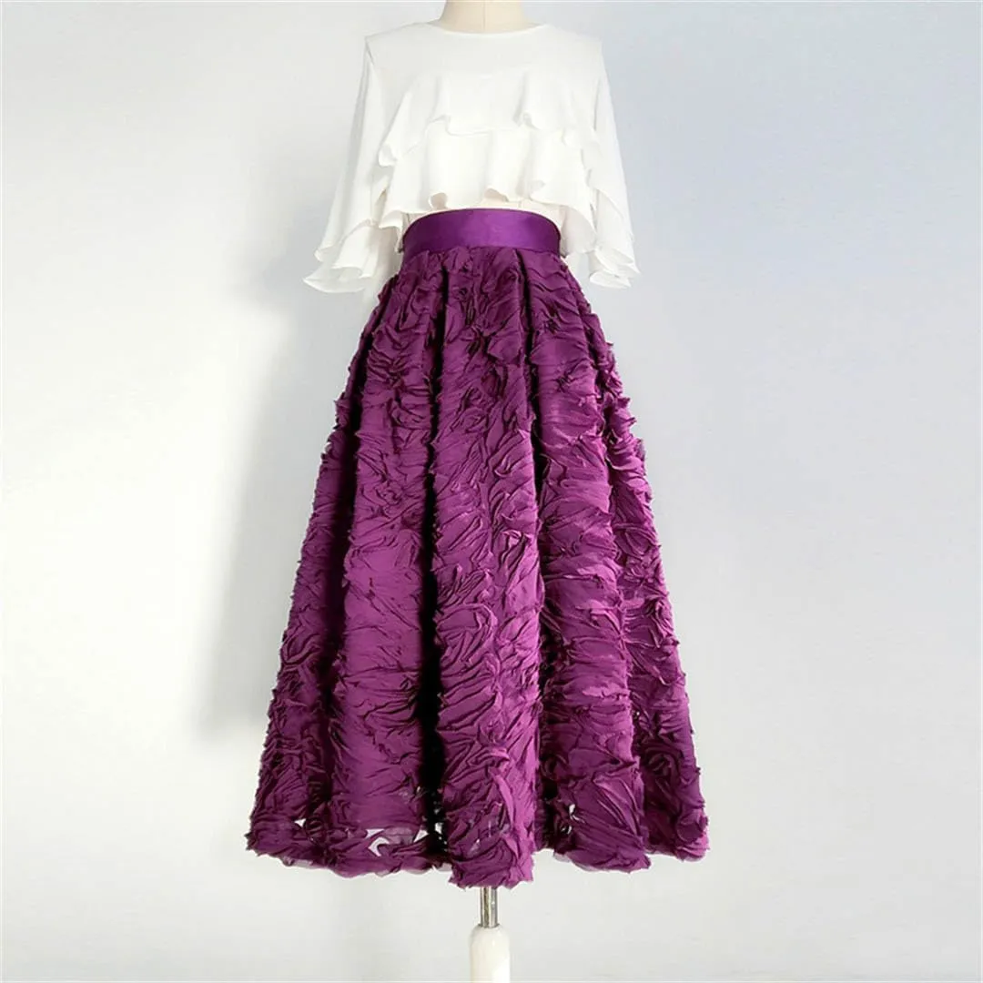 Spring Korean Simple Elegant Dark Reddish Purple Color Mesh Lace Embroidery High Waist Pleated Midi Skirt