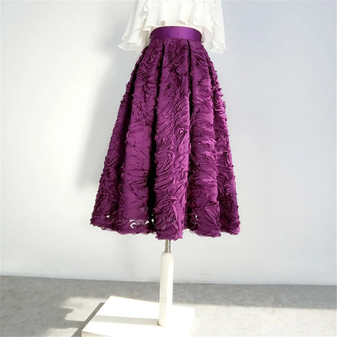 Spring Simple Elegant Mesh Lace Embroidery High Waist Pleated Midi Skirt