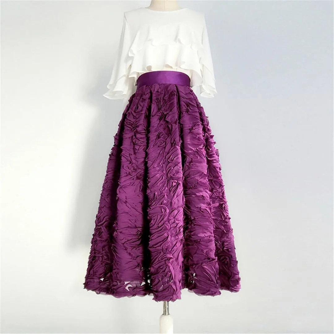 Spring Simple Elegant Mesh Lace Embroidery High Waist Pleated Midi Skirt