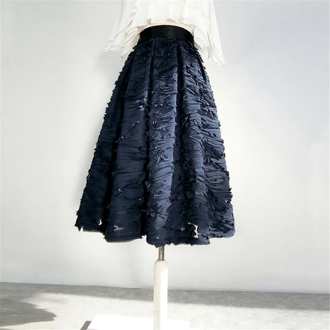 Spring Simple Elegant Mesh Lace Embroidery High Waist Pleated Midi Skirt