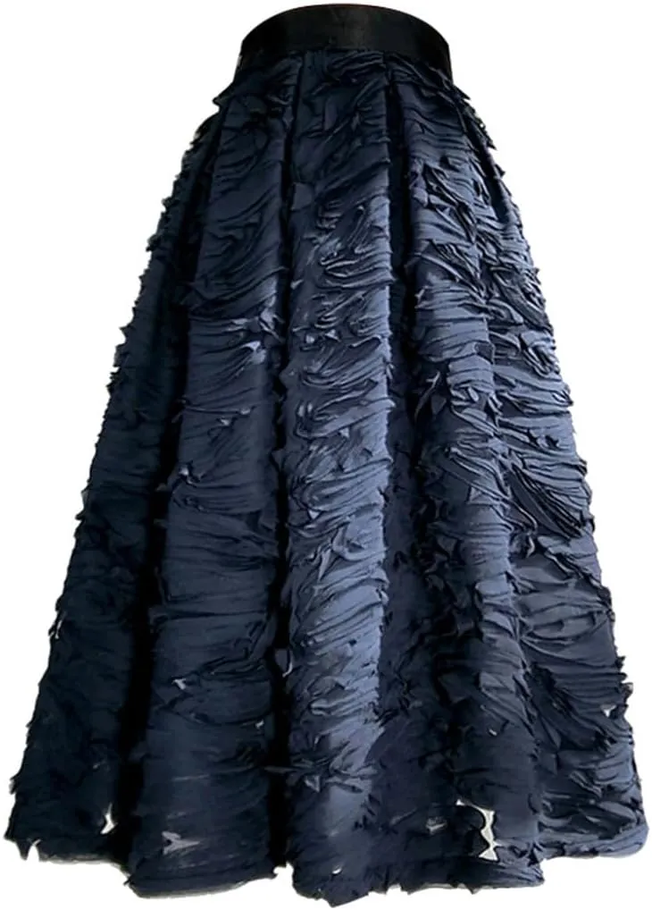 Spring Simple Elegant Mesh Lace Embroidery High Waist Pleated Midi Skirt
