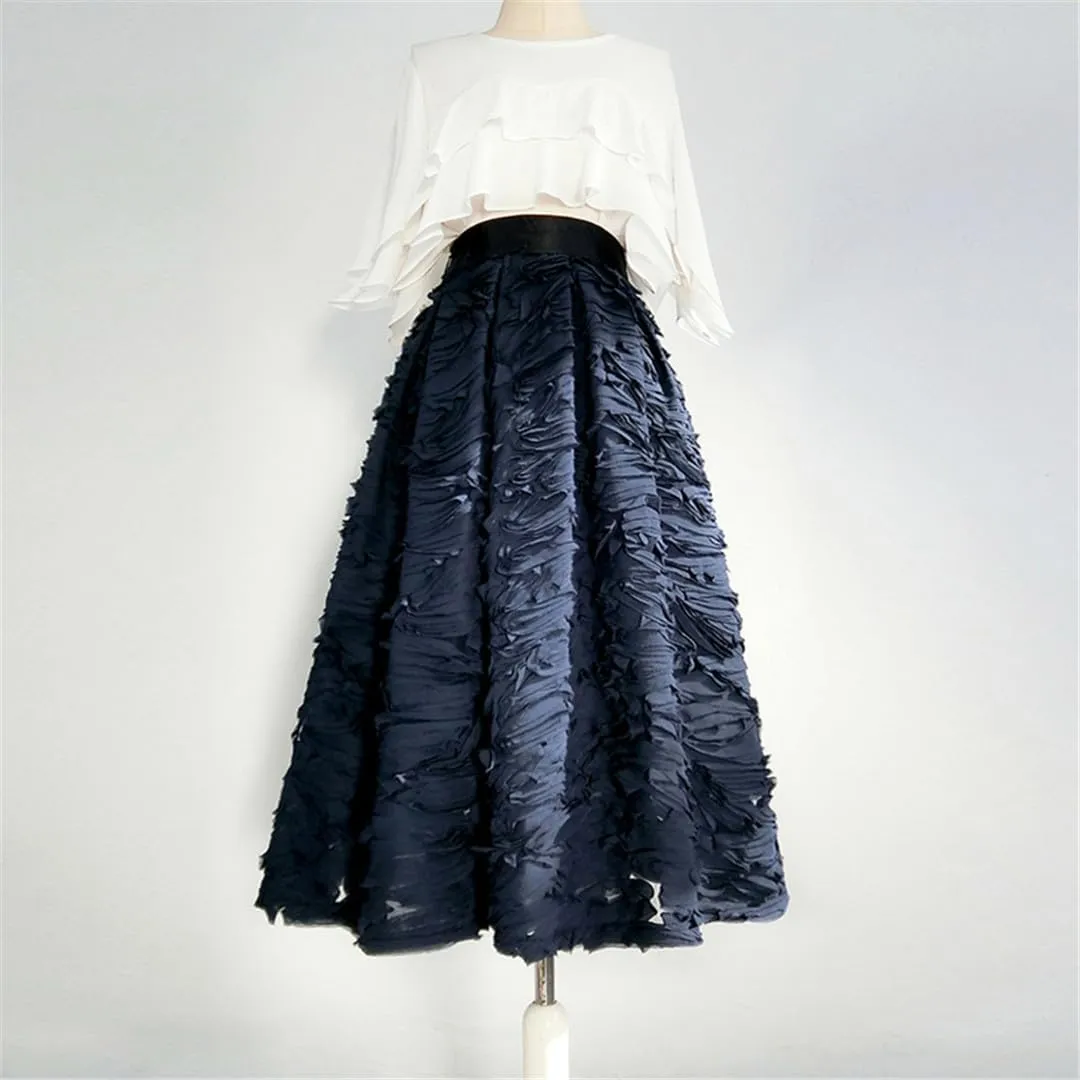 Spring Simple Elegant Mesh Lace Embroidery High Waist Pleated Midi Skirt