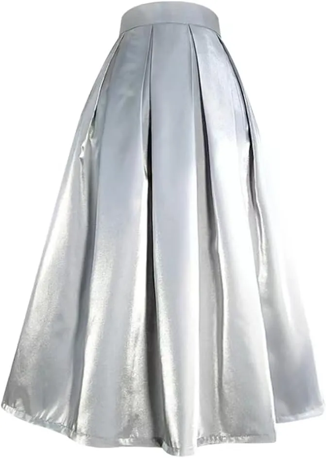 Spring Simple Pastel Candy Color Glittering Purple High Waist Pleated Midi Satin Skirt Birthday Party