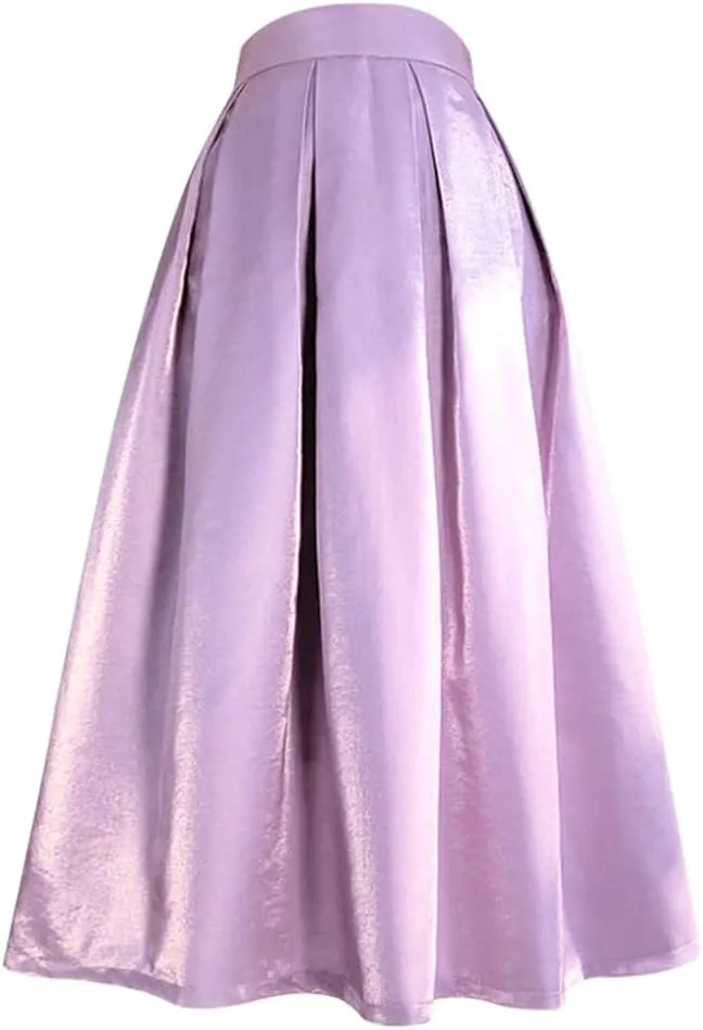 Spring Simple Pastel Candy Color Glittering Purple High Waist Pleated Midi Satin Skirt Birthday Party