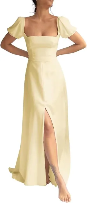 Square Neck Long Wedding Dress for Bride Chiffon A-line Prom Dresses with Slit Puffy Short Sleeves Evening Gowns