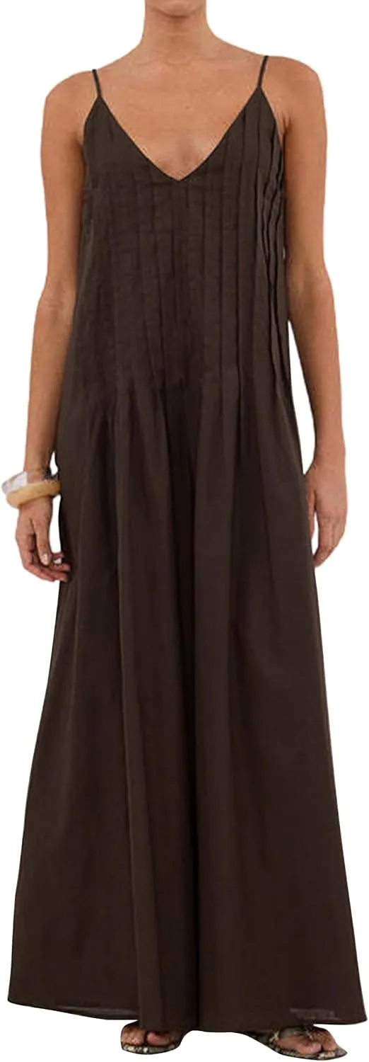 Summer Casual Spaghetti Strap Dresses for Women Loose V Neck Cotton Pleated Maxi Dress Flowy Beach Long Sundress