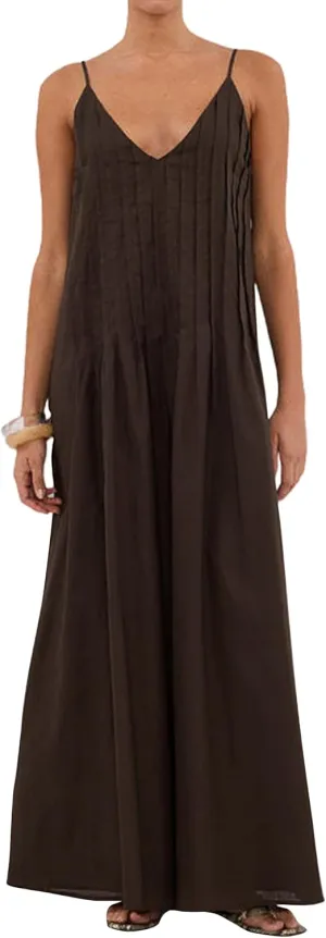 Summer Casual Spaghetti Strap Dresses for Women Loose V Neck Cotton Pleated Maxi Dress Flowy Beach Long Sundress