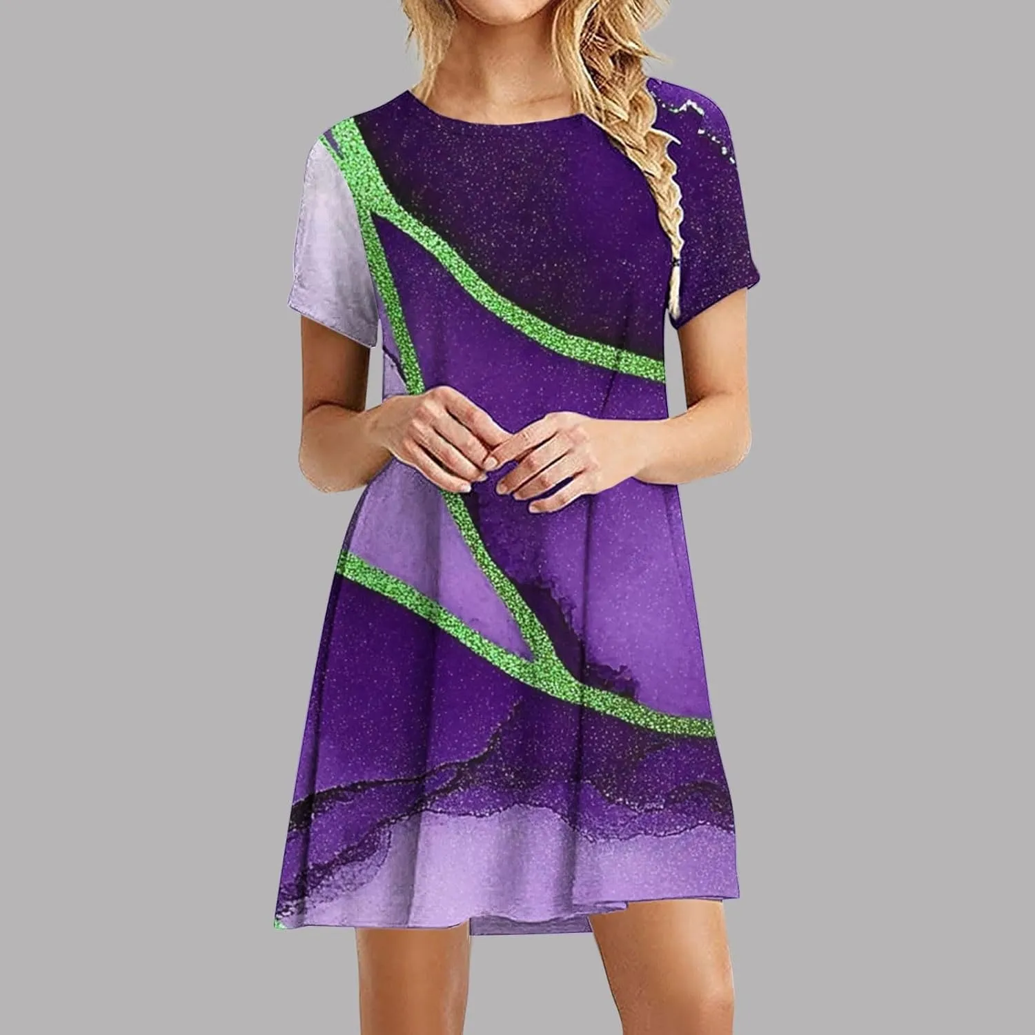 Summer Dress with Sleeves Women Printed Mini Dress Knee Length Flowy Beach Dresses Spring Dresses for Women