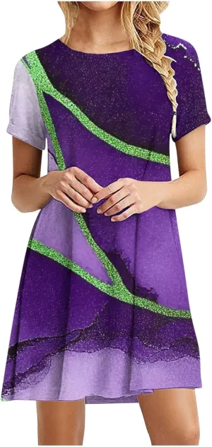 Summer Dress with Sleeves Women Printed Mini Dress Knee Length Flowy Beach Dresses Spring Dresses for Women