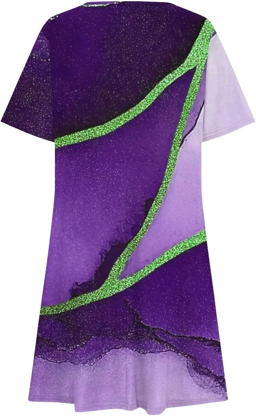 Summer Dress with Sleeves Women Printed Mini Dress Knee Length Flowy Beach Dresses Spring Dresses for Women