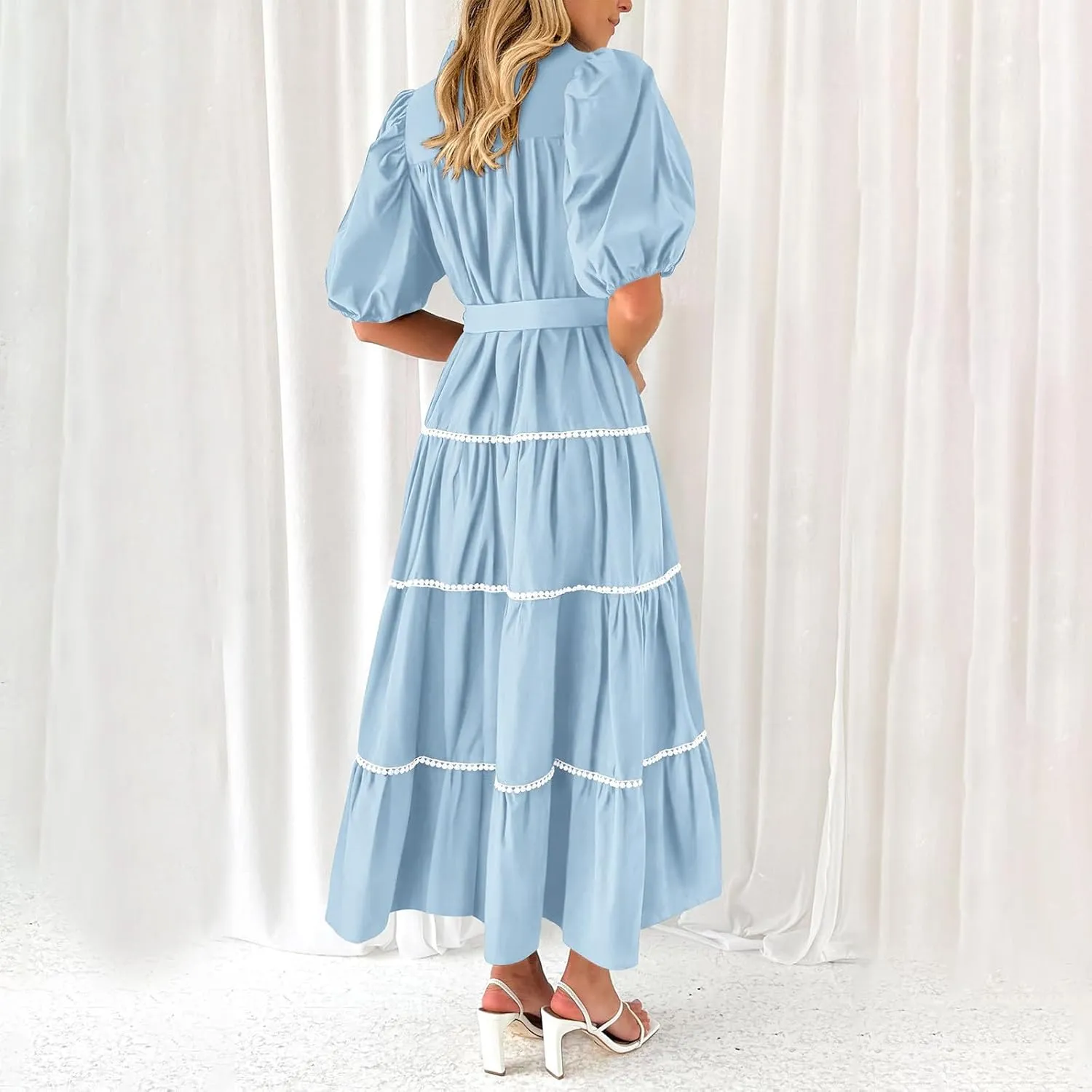Summer Dresses for Women 2024 Casual Button Down A Line Dress V Neck Puff Sleeve Maxi Dress Trendy Summer Vacation Outfits