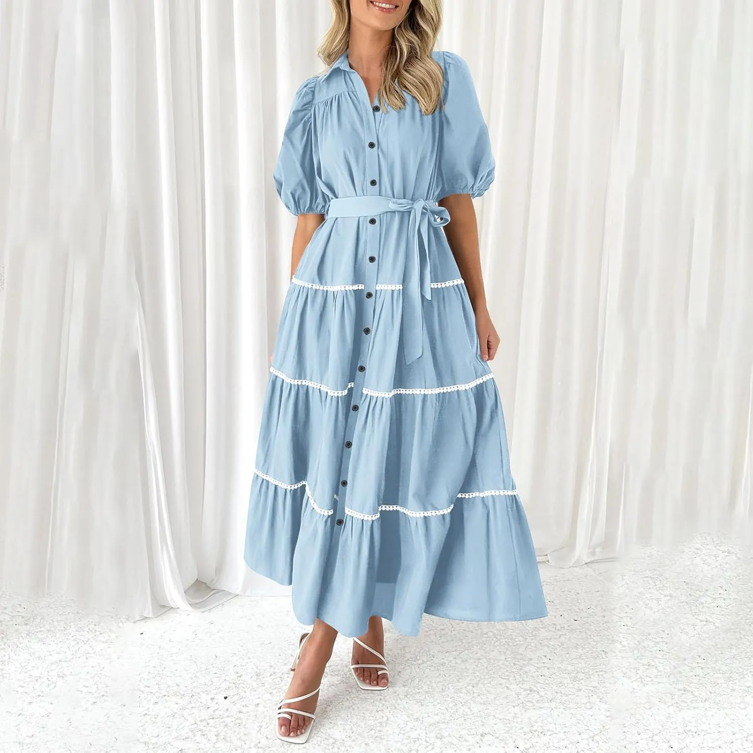 Summer Dresses for Women 2024 Casual Button Down A Line Dress V Neck Puff Sleeve Maxi Dress Trendy Summer Vacation Outfits