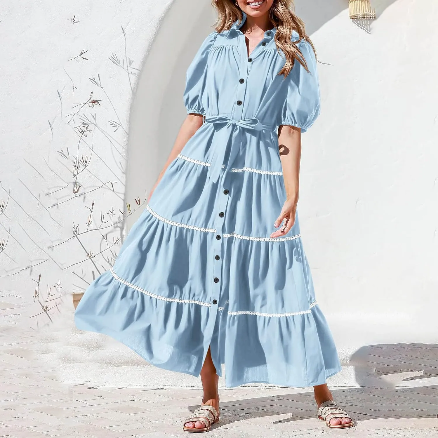 Summer Dresses for Women 2024 Casual Button Down A Line Dress V Neck Puff Sleeve Maxi Dress Trendy Summer Vacation Outfits