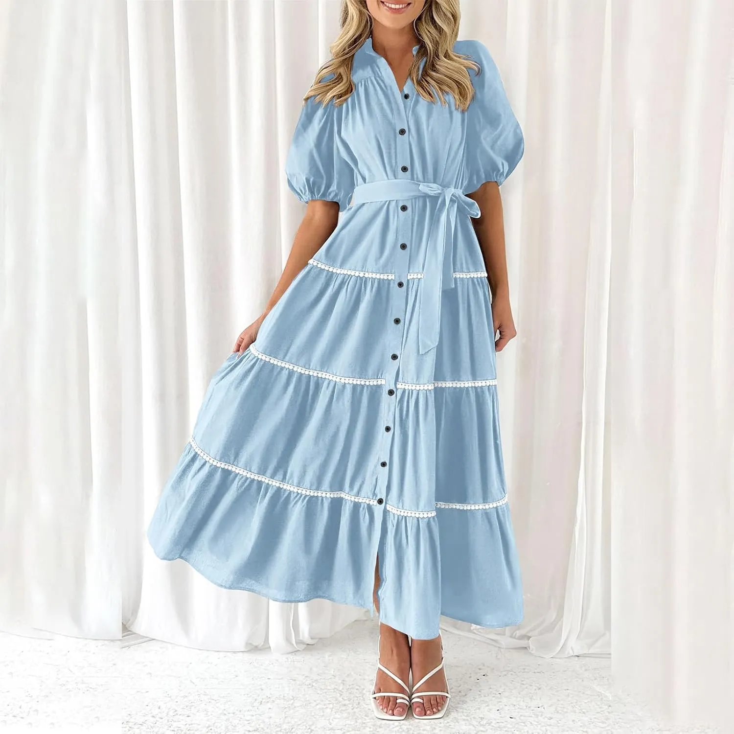 Summer Dresses for Women 2024 Casual Button Down A Line Dress V Neck Puff Sleeve Maxi Dress Trendy Summer Vacation Outfits