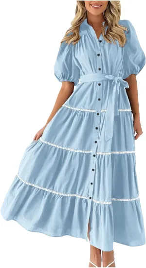 Summer Dresses for Women 2024 Casual Button Down A Line Dress V Neck Puff Sleeve Maxi Dress Trendy Summer Vacation Outfits