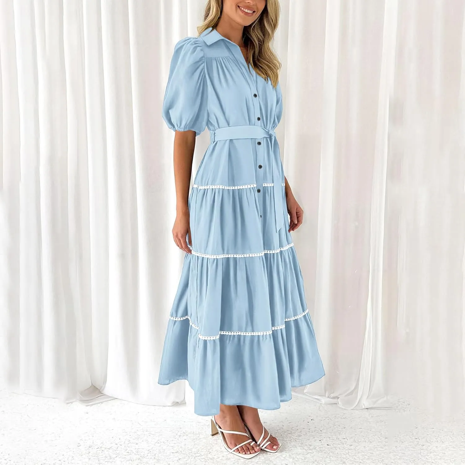 Summer Dresses for Women 2024 Casual Button Down A Line Dress V Neck Puff Sleeve Maxi Dress Trendy Summer Vacation Outfits