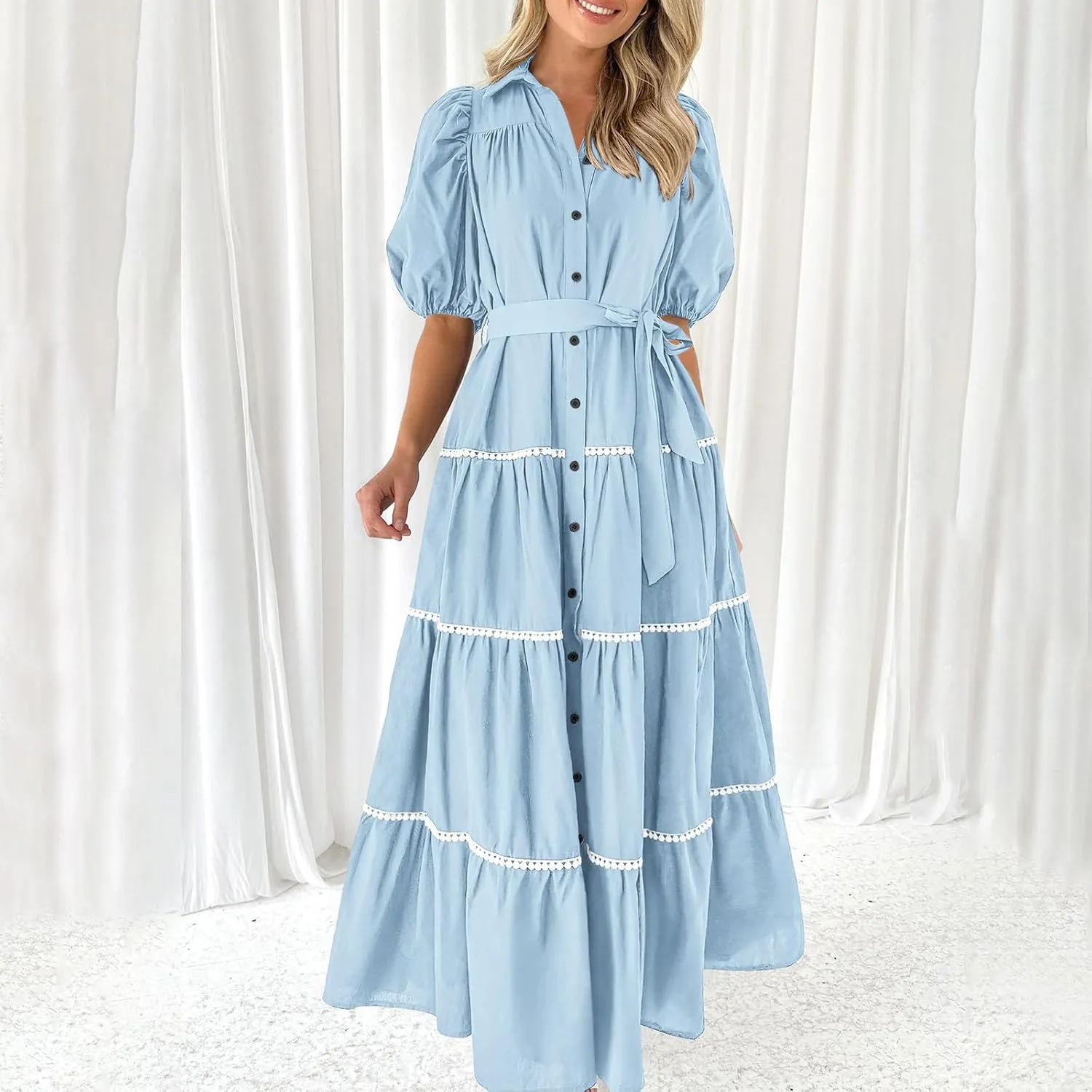 Summer Dresses for Women 2024 Casual Button Down A Line Dress V Neck Puff Sleeve Maxi Dress Trendy Summer Vacation Outfits