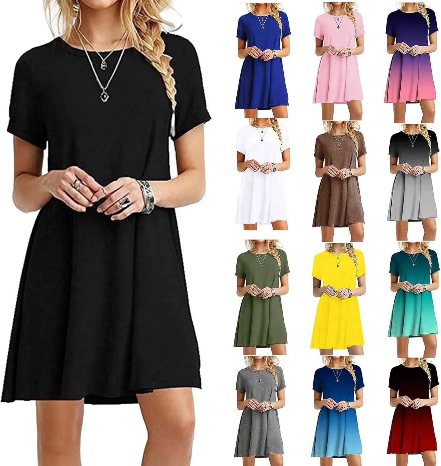 Summer Dresses for Women 2024 Casual Plain Simple Short Sleeve T-Shirt Loose Dress Flowy Beach Mini Dress for Vacation