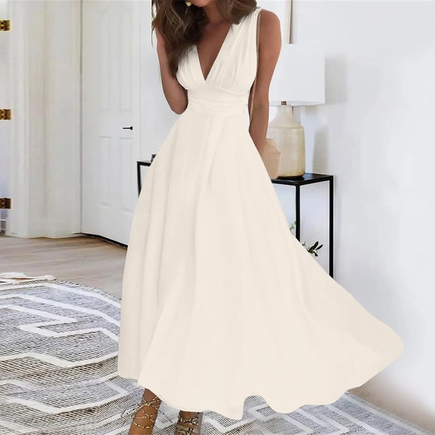 Summer Dresses for Women 2024 Floral Cold Shoulder Sleeve V Neck Holiday Dress Waist Retraction Ruffle Hem Gown Dresses