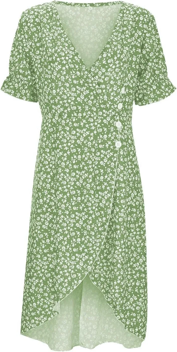 Summer Dresses for Women 2024 Short Sleeve V Neck Wrap Dress Casual Midi Sundresses Sleeve Ruffle Dress Casual Mini Dresses